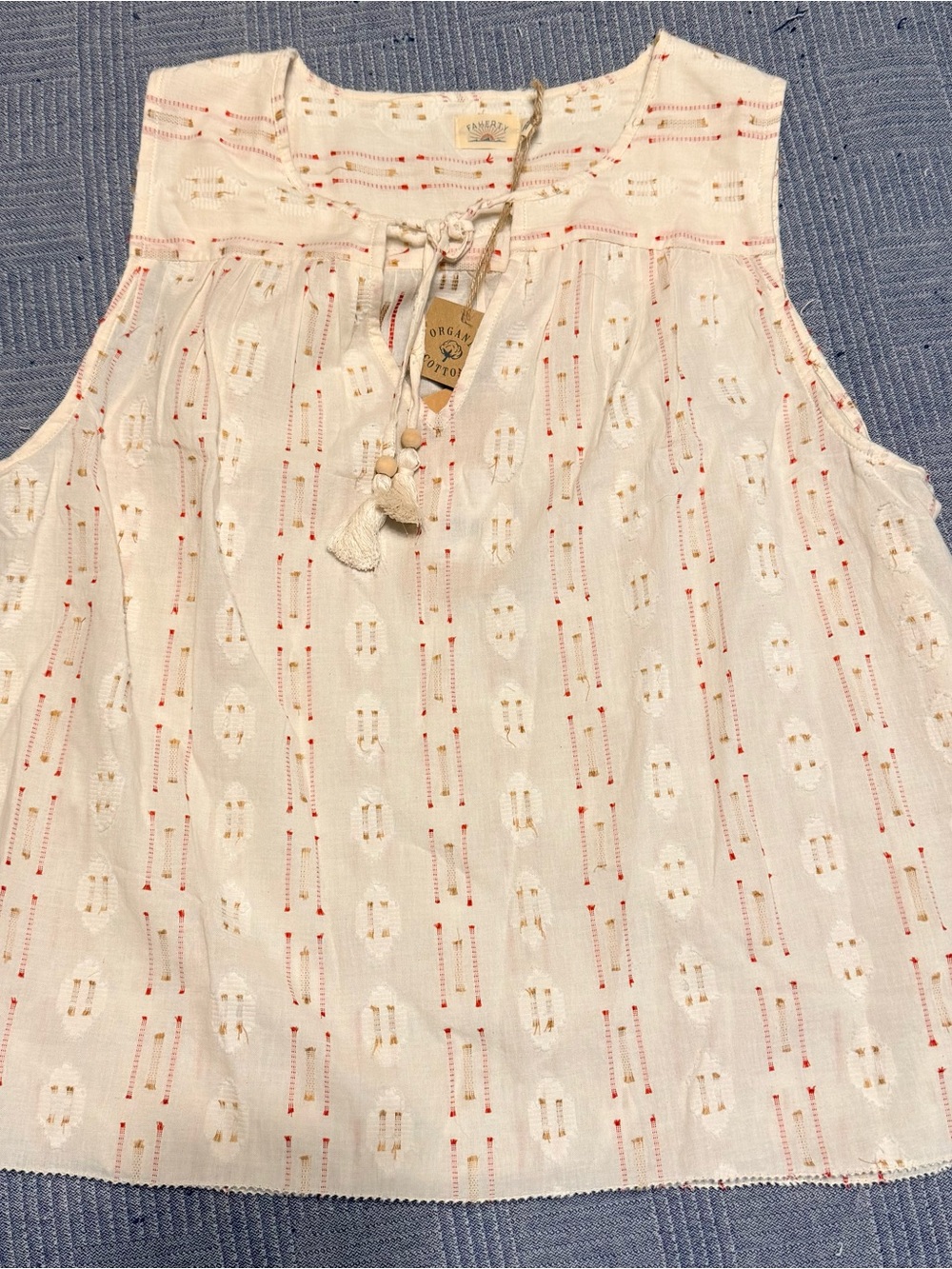 Faherty Ivory Sleeveless Tunic with Red and Tan Embroidery